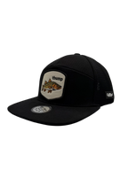 A black trucker-style cap with a flat brim, black mesh back, and a front patch featuring a fish illustration and the word 'thump'.
