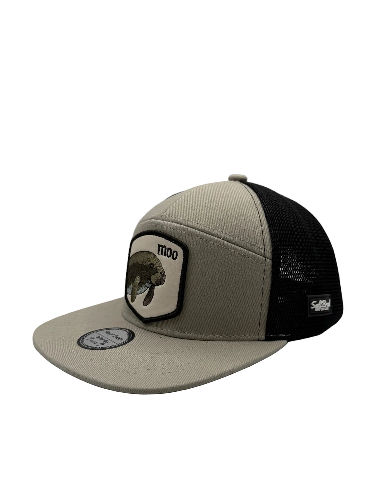 A trucker-style snapback cap with a light beige front panel and brim, black mesh back panels, and a front patch featuring a beaver illustration and the text 'moo'.