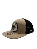 A tan and black trucker hat with a front patch featuring a bear and the text 'moo'.
