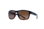A pair of square sunglasses with a matte black frame, tortoiseshell-patterned lower rims, and brown tinted lenses, shown on a plain white background.