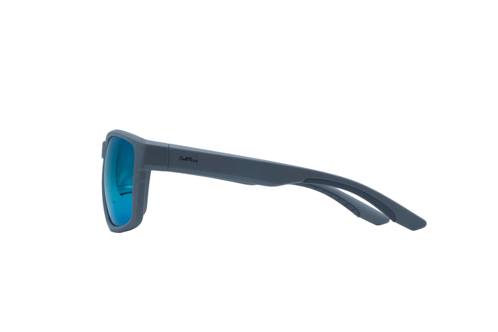 Gray sunglasses with blue lenses on a light gray background