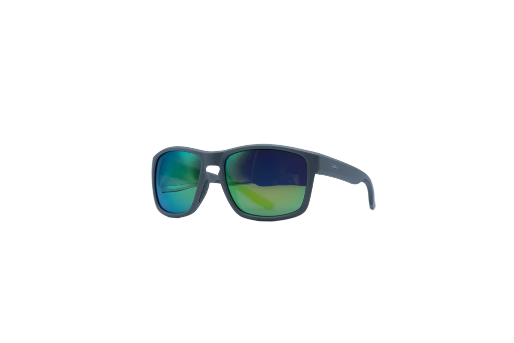 A pair of square sunglasses with a matte dark gray frame and mirrored lenses showing green and blue reflections, set against a plain white background.
