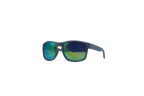 A pair of square sunglasses with a matte dark gray frame and mirrored lenses showing green and blue reflections, set against a plain white background.
