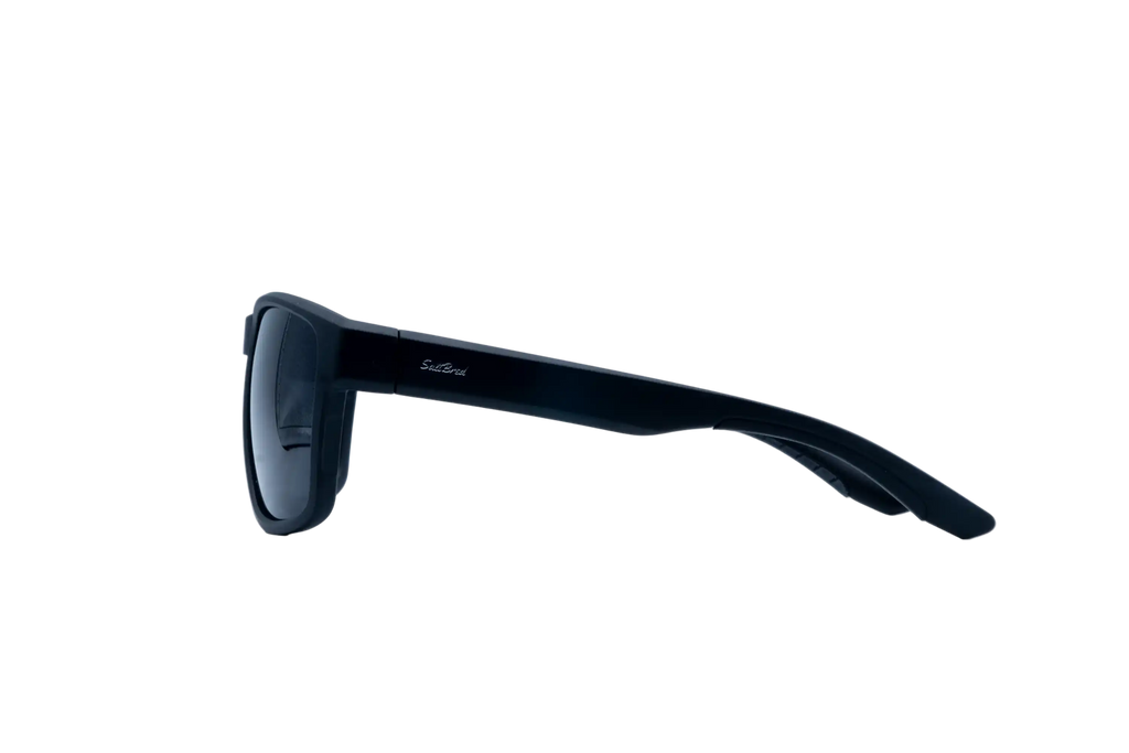 Side profile of black wrap-around sunglasses with dark lenses and a visible 'Evosense' brand logo on the temple, set against a solid white background.
