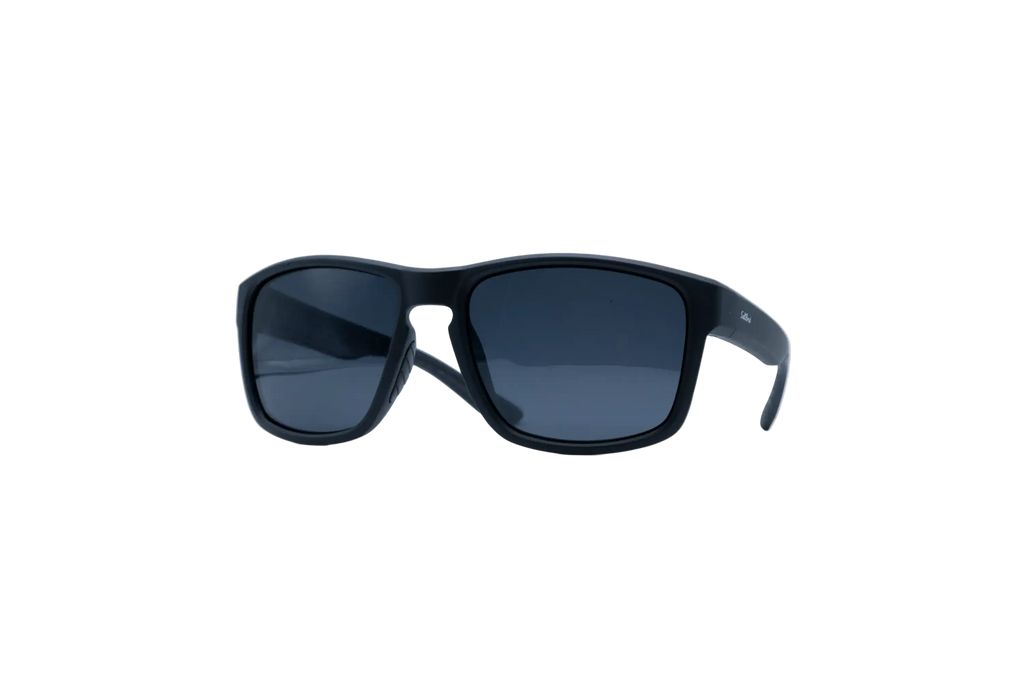 Black wrap-around sunglasses with dark gray lenses, shown from a front three-quarter angle on a solid white background.