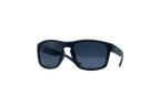 Black wrap-around sunglasses with dark gray lenses, shown from a front three-quarter angle on a solid white background.