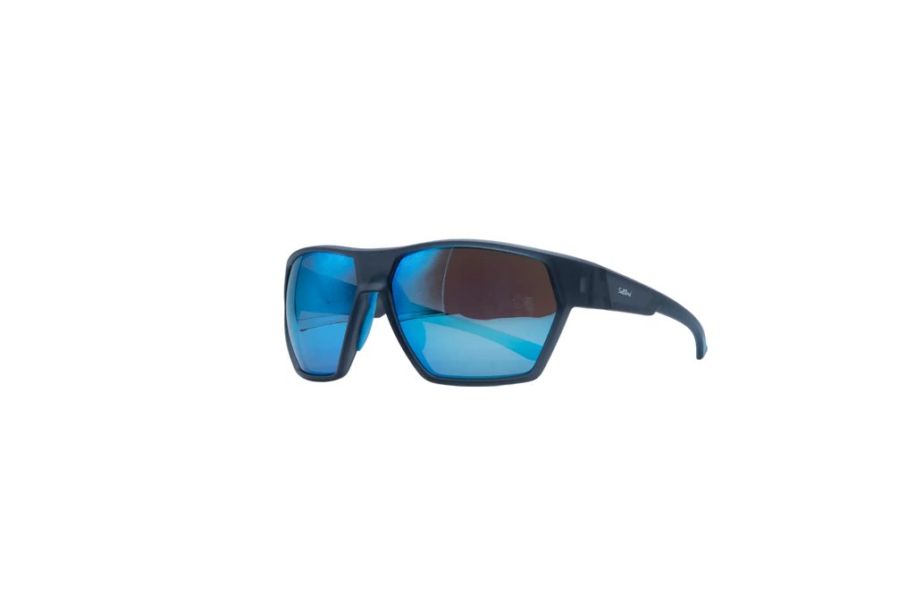 A pair of wraparound sunglasses with a matte dark blue frame and mirrored blue lenses, shown from a side profile on a solid white background.
