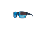 A pair of wraparound sunglasses with a matte dark blue frame and mirrored blue lenses, shown from a side profile on a solid white background.