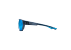 A pair of wraparound sunglasses with a dark gray frame and vibrant blue lenses, shown from a side profile on a solid white background.