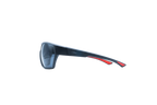 Side view of wrap-around sunglasses with a dark navy blue frame and red temple accents, set against a plain white background.