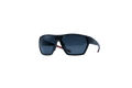 A pair of sporty wrap-around sunglasses with a matte black frame and dark gray lenses, featuring a small red accent on the temple arm, shown against a plain white background.