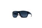 A pair of sporty wrap-around sunglasses with a matte black frame and dark gray lenses, featuring a small red accent on the temple arm, shown against a plain white background.