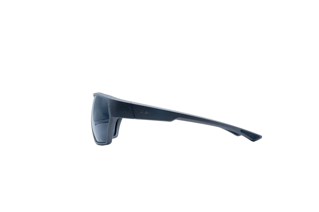 A pair of dark gray wrap-around sunglasses shown from a side profile view against a solid white background.