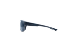 A pair of dark gray wrap-around sunglasses shown from a side profile view against a solid white background.