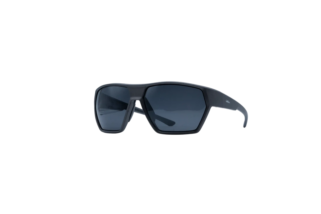 Black wrap-around sunglasses with dark gray lenses, shown from a front three-quarter angle on a solid white background.
