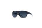 Black wrap-around sunglasses with dark gray lenses, shown from a front three-quarter angle on a solid white background.