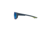 Side profile view of wrap-around sunglasses with a dark gray frame and blue mirrored lenses, featuring a subtle yellow-green accent on the temple arm, set against a solid white background.