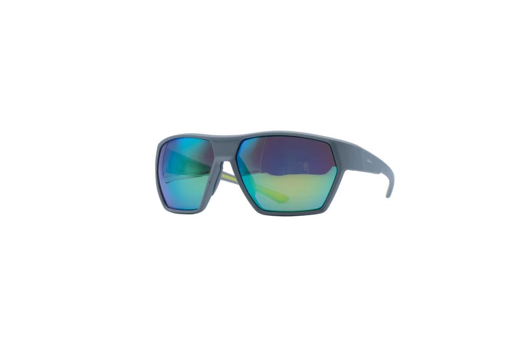 A pair of shield-style sunglasses with a matte dark gray frame and large mirrored lenses reflecting blue, green, and purple hues, shown against a solid white background.