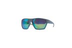 A pair of shield-style sunglasses with a matte dark gray frame and large mirrored lenses reflecting blue, green, and purple hues, shown against a solid white background.