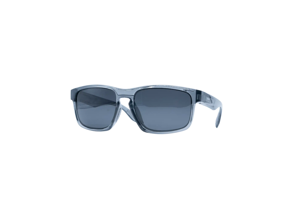 Light blue translucent square sunglasses with dark gray lenses, shown from a front three-quarter angle on a solid white background.